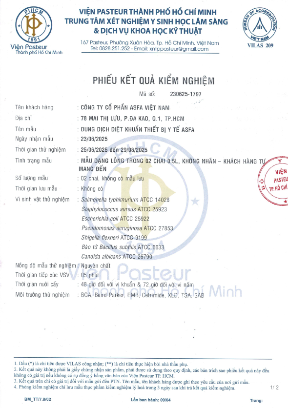 Chứng nhận Viện Pasteur ASFA 2025